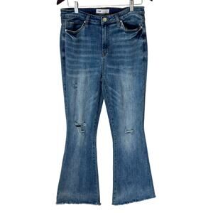 YMI Jeans Womens 15/32 Blue High Rise Stretch Flare Bell Bottom Raw Hem Distress